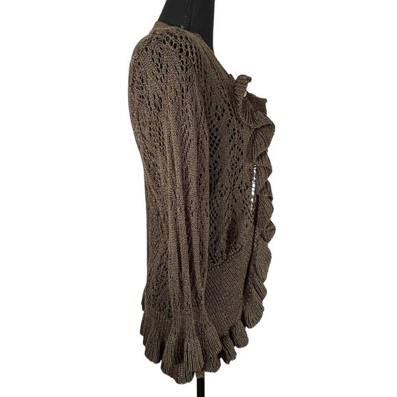 DAYTRIP Open Cardigan Crochet Ruffle Brown 3/4 Sleeve Cropped - Picture 3 of 8